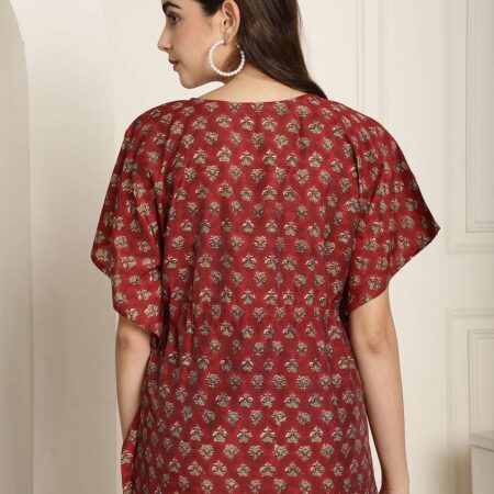 Women's Chanderi Printed Kaftan Top With Bell Sleeve Dress (Maroon)