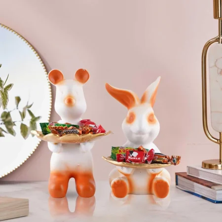 Set of Two Decorative Rabbit Showpiece Home Decor Animal Statues for Living Room, Bedroom, Dining Room, Kitchen, Bathroom, Wedding, Party Décor (White)