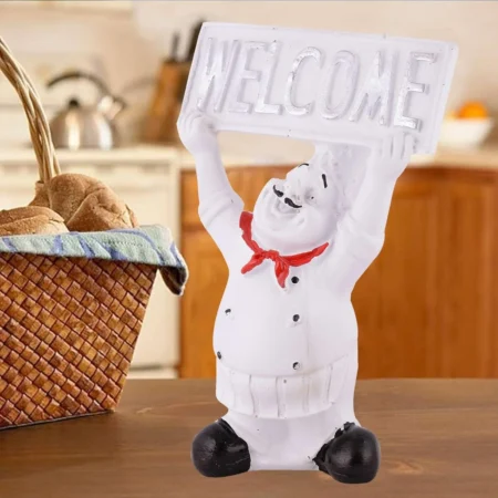 Resin showpiece Cute Chef Figurine Miniature Statue Ornaments Welcome Board Table Décor for Kitchen Decoration Items for Restaurant (White)